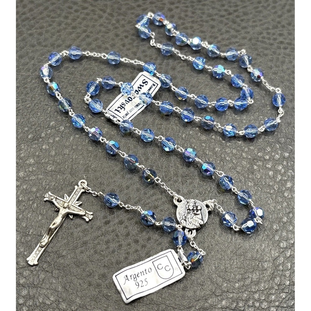 VTG Italian Made With Swarovski Crystal Rosary Sterling Silver Blue AB Beads 21"
